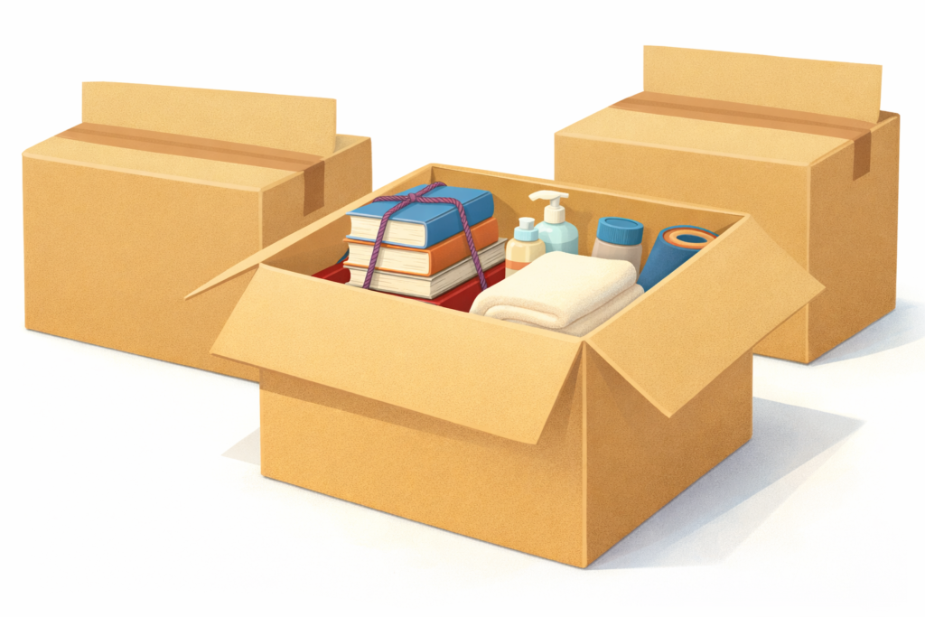 段ボール箱に本や生活用品を収納しているイメージイラスト