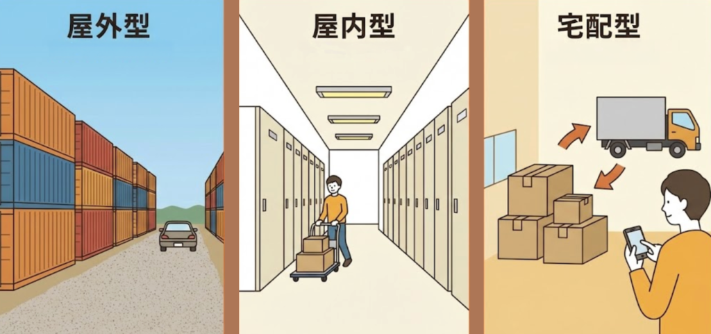 左から屋外型トランクルーム、屋内型、宅配型を並べた比較イメージ
