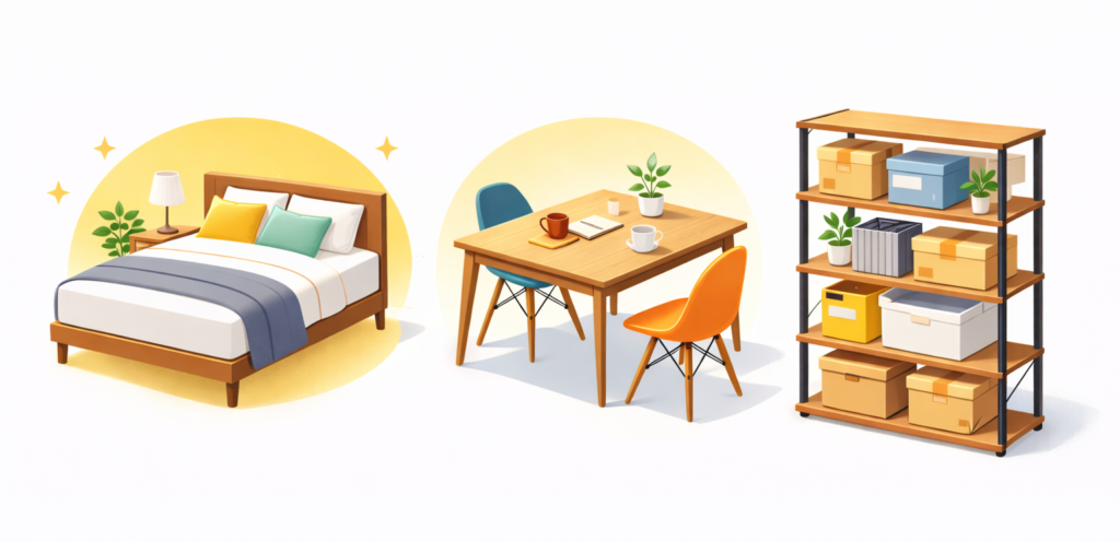 ベッドやテーブル、棚など大型荷物の保管例イメージ