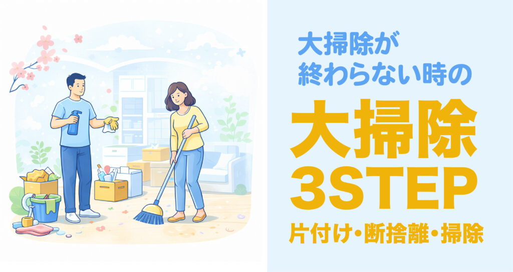 大掃除で荷物を整理し片付けを進める様子のイラスト（収納ボックス・掃除道具）