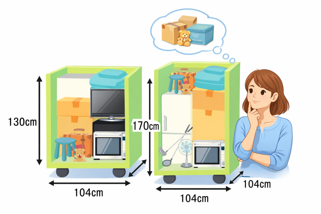 宅トラの収納サイズ比較イメージ（104cm幅・130cmと170cmの高さ）と荷物を考えている人物
